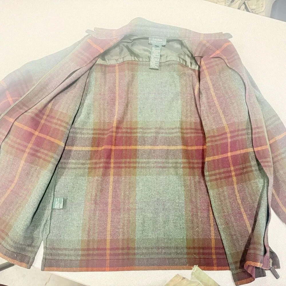 Ralph Lauren Tartan Plaid Lambswool Full Zip Shacket Suede Elbow Patch Men’s L